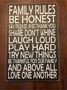 Family Rules Wall Sign - Black and White Distressed Letters. Home Wall Decor